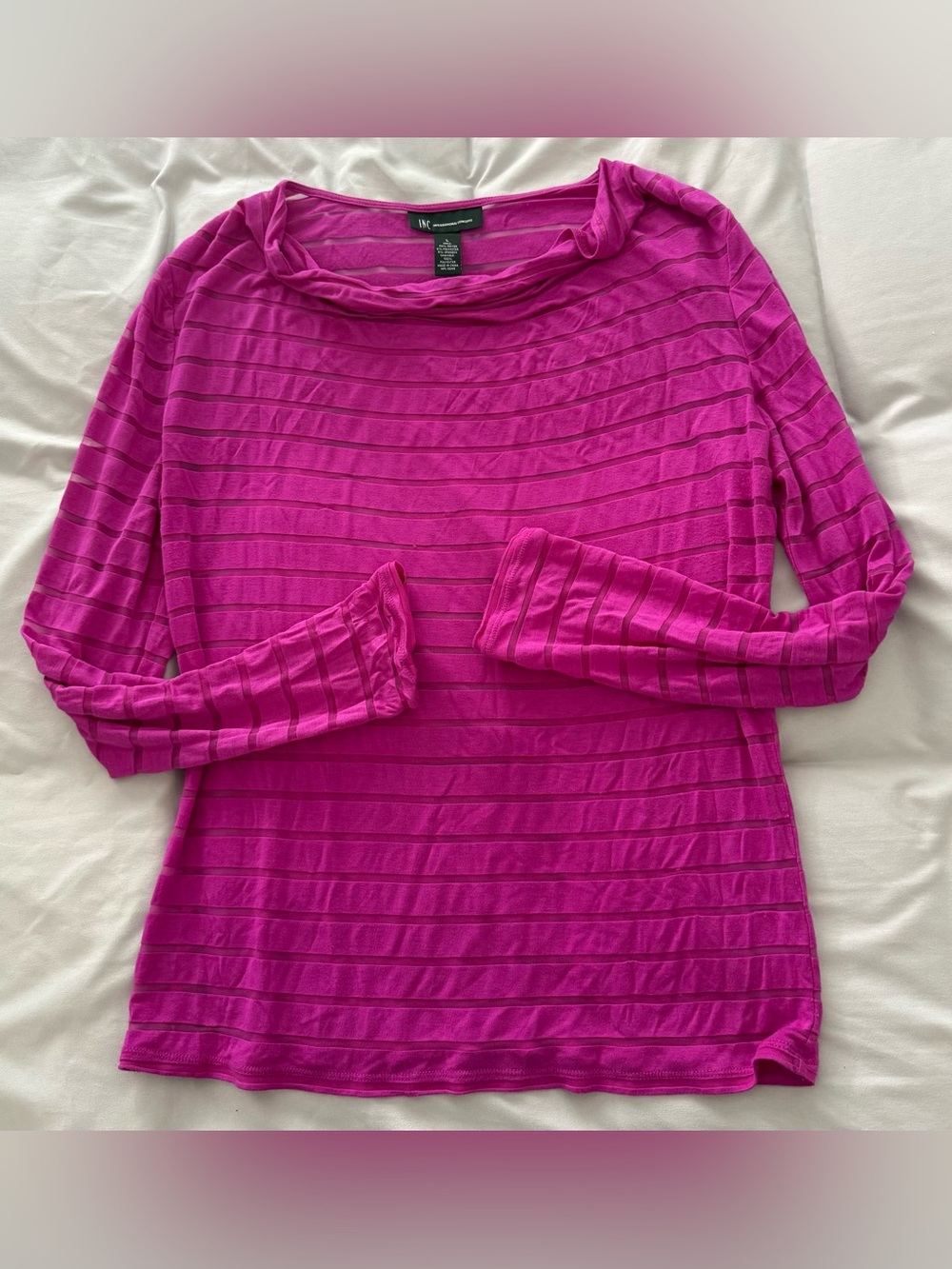 INC International Concepts Magenta Cowl Neck Striped Sheer Long Sleeve Top - L